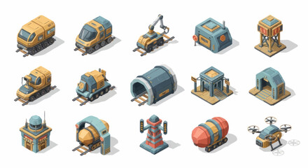 Isometric Illustration of Various Industrial Buildings and Transportation Elements. © Kuda