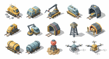 Isometric Industrial Set - Trains, Cranes, and Mining Structures. © Kuda