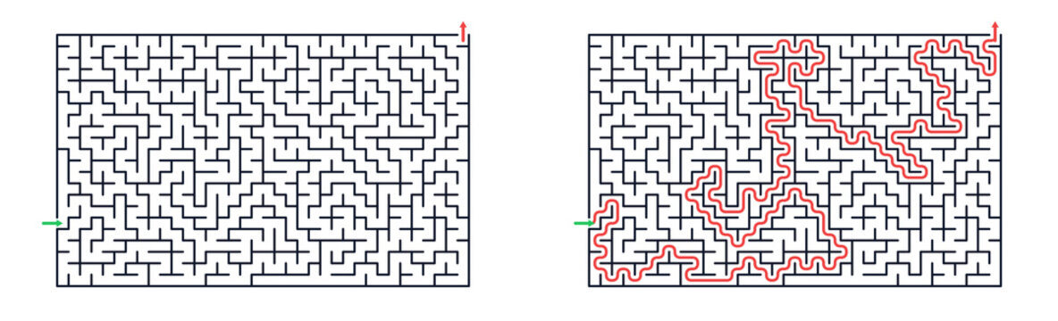 Rectangular, 36x22, maze game set in minimalist vector style with black white and red colors for logic training
