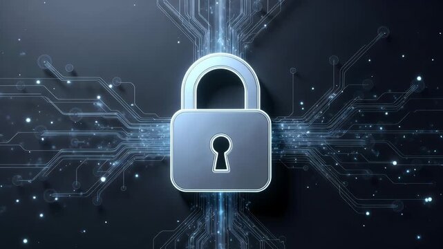 A padlock over luminous circuit lines in a sleek digital style on dark background, representing data security concept
