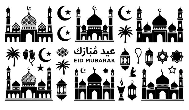 Modern Eid Mubarak Mosque and Crescent Collection with Islamic Vector Icons