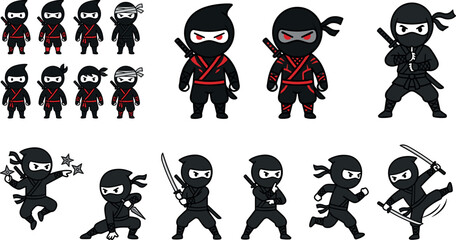 Obraz premium Cute Ninja Warrior Character Collection with Cartoon Martial Arts Fighters, Samurai Weapons, Stealth Poses, and Action Combat Illustrations