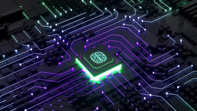 Glowing artificial intelligence brain icon on a computer microchip
