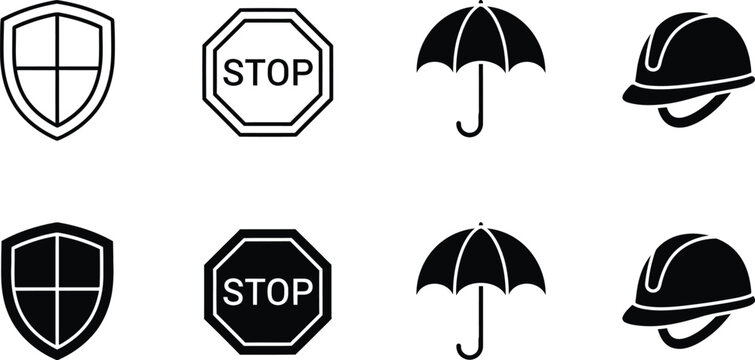 Black and white icons for protection safety and warning signs