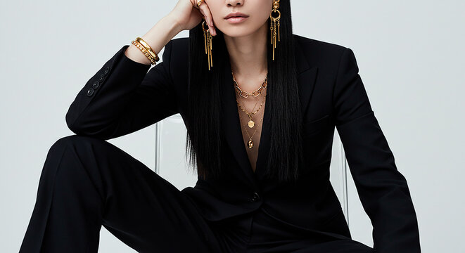 Fashion model in black suit seated in minimalist studio