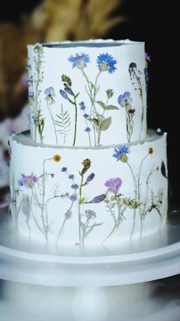 Vertical video. Elegant two-tier wedding cake decorated with delicate wildflowers and botanical details on white frosting. Close-up of luxury dessert table with floral cake design during outdoor