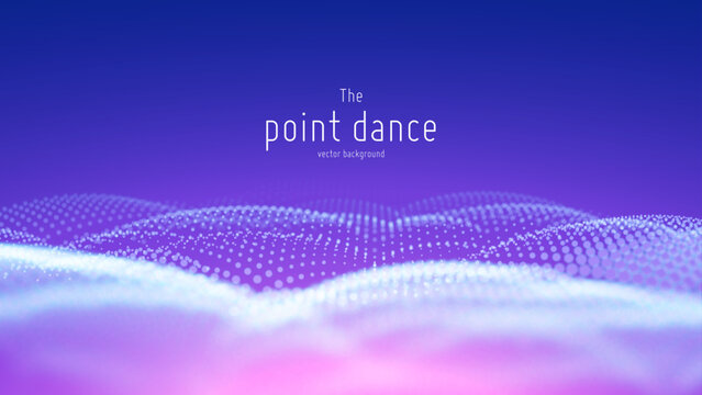 Abstract Purple Pink Particle Wave Dance with Glowing Dot Landscape on Violet Background, Futuristic Digital Point Cloud Motion, 3D Technology Data Visualization Concept