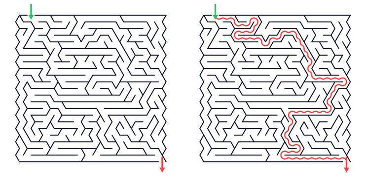 Triangular, 38x22, maze game set in minimalist vector style with black white and red colors for logic training

