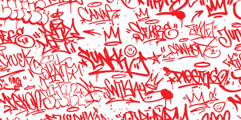 Seamless pattern with colorful graffiti tags and street art elements in red and black ink style Vector, illustration © md