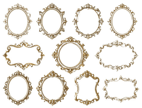Luxury vintage gold frames vector set, ornate baroque border elements for wedding invitation and portrait photography, isolated on white background.