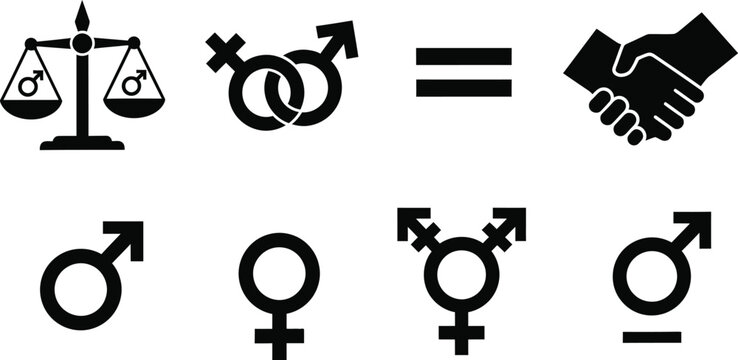 Gender equality icons set justice partnership male female and non binary representation