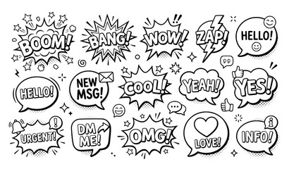 Comic Speech Bubble Doodle Collection with Boom Wow and Chat Icons © SobujChandra