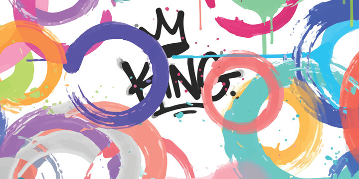 Colorful graffiti street art background with painted circles and black crown sketch Vector, illustration