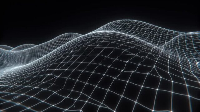 Glowing wireframe waves in digital abstract style on dark background, symbolizing technology and data flow