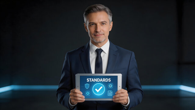 Man in suit holding tablet with standards