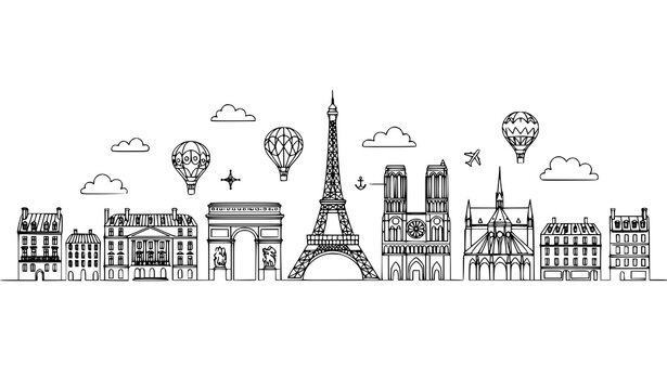 Famous Paris Skyline Illustration Featuring Eiffel Tower Historic Buildings and Travel Landmark Line Art
