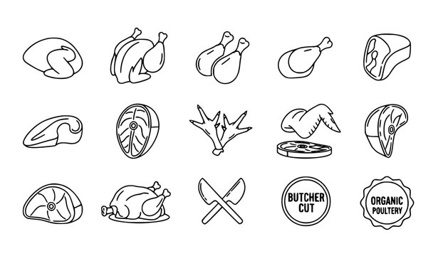 Fresh Meat and Butcher Food Icons Collection Featuring Chicken Steak Drumstick and Organic Food Symbols