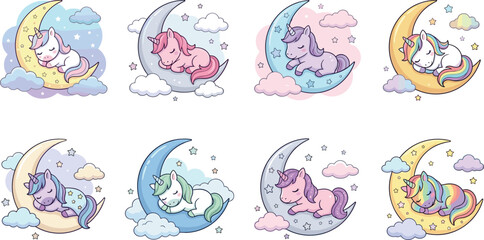 Cute Sleeping Unicorn Collection on Crescent Moon with Clouds and Stars for Nursery, Baby Shower, and Fantasy Designs © Mst