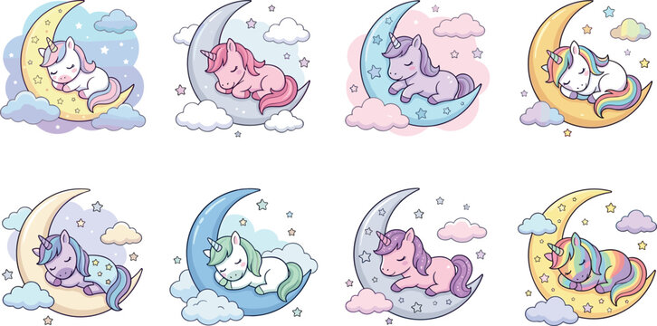 Cute Sleeping Unicorn Collection on Crescent Moon with Clouds and Stars for Nursery, Baby Shower, and Fantasy Designs