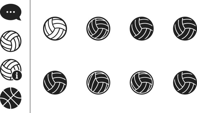 Volleyball icon set featuring various vector line and silhouette designs with sports, chat, and info interface symbols.
