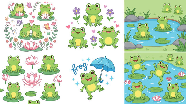 Cute Frog Vector Bundle with Kawaii Green Frogs, Umbrella, Lotus Flowers, Seamless Patterns, and Nature Pond Background Designs