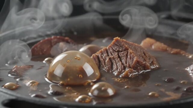 Macro close up of traditional Brazilian feijoada stew gently bubbling in a black iron pot with glistening fat and dense translucent steam rising continuously.
