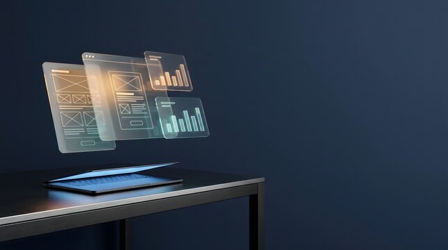 UI UX Design and Web Development Process - Futuristic Laptop Prototyping Software Wireframes and Data Charts