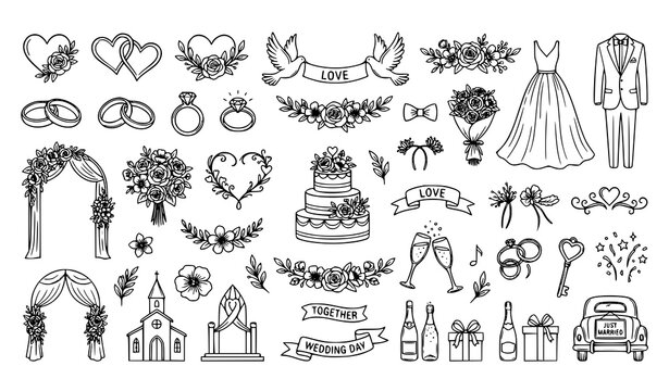 Wedding Decoration and Celebration Elements Collection Featuring Bride Groom Cake Rings Flowers Car and Romantic Icons
