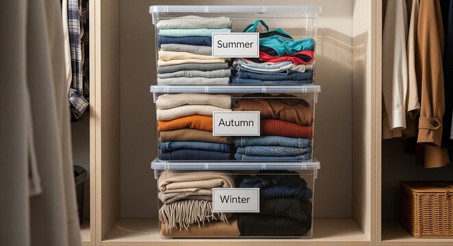 Three clear plastic storage bins stacked vertically inside a closet, labeled "Summer", "Autumn", and "Winter", filled with neatly folded seasonal clothing.