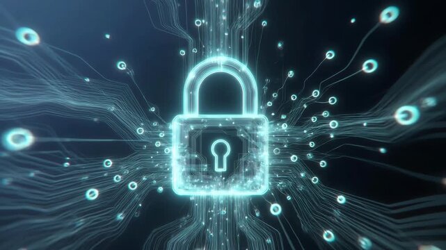 Glowing padlock surrounded by luminous data streams in a digital style on dark background, concept of cybersecurity protection