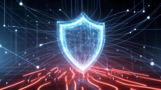 A glowing digital shield formed by bright network lines in a futuristic style on a dark tech background, representing strong cybersecurity protection
