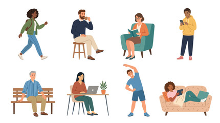 Fototapeta premium People engaged in various activities at home and outdoors in a lively urban setting with furniture