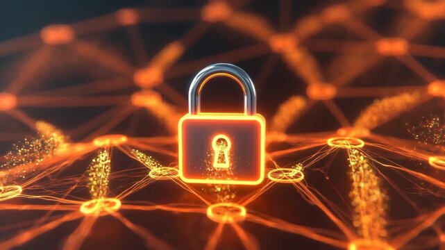 A glowing padlock on an orange tech network in a digital style on a dark background, representing cybersecurity data protection
