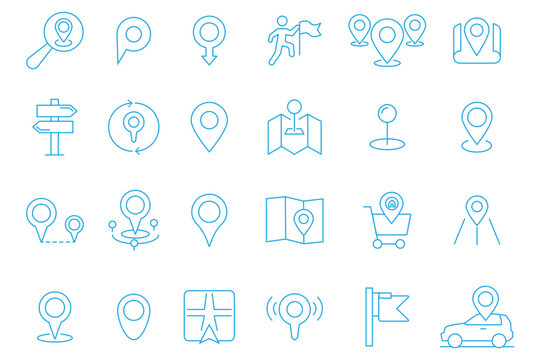 Location icons set. Navigation icons. Navigation, GPS, direction, travel, route, destination, road, navigator icons. editable stroke lines.