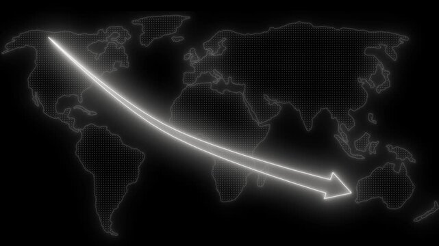 Neon glowing arrow crossing dotted world map animation