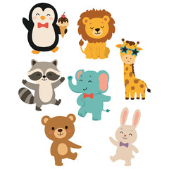 Obraz premium Cute cartoon animal collection featuring a penguin, lion, giraffe, raccoon, elephant, bear, and rabbit in a colorful flat vector style on a light background.