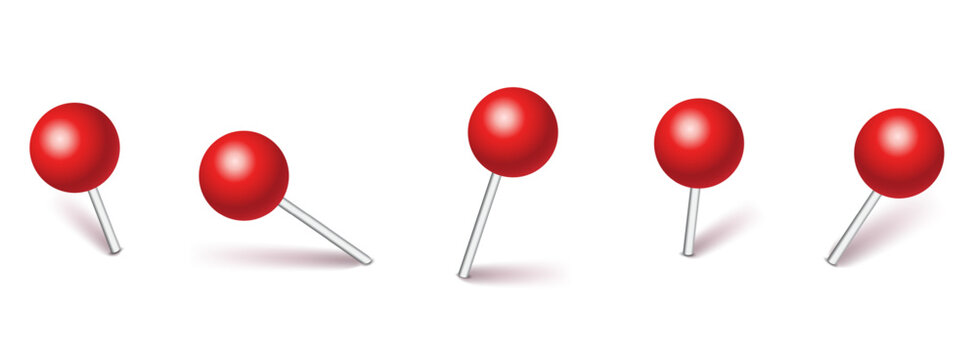 Set of five red push pins with metallic stems isolated on transparent background for graphic design use