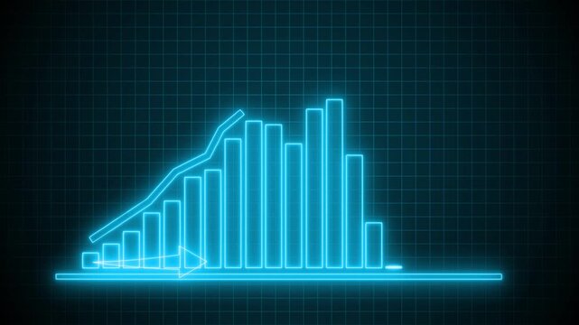 Neon glowing bar chart with rising line overlay stylized retro futuristic data visualization animation