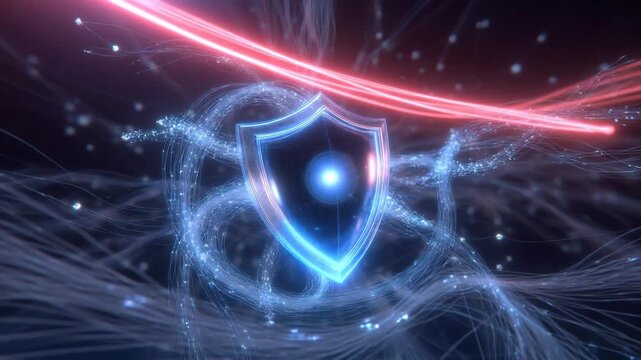 Glowing shield surrounded by luminous digital strands in futuristic style on dark background, symbolizing strong cybersecurity