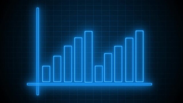 Neon-style bar chart with vertical and horizontal axes glowing outline and varying bar heights animation
