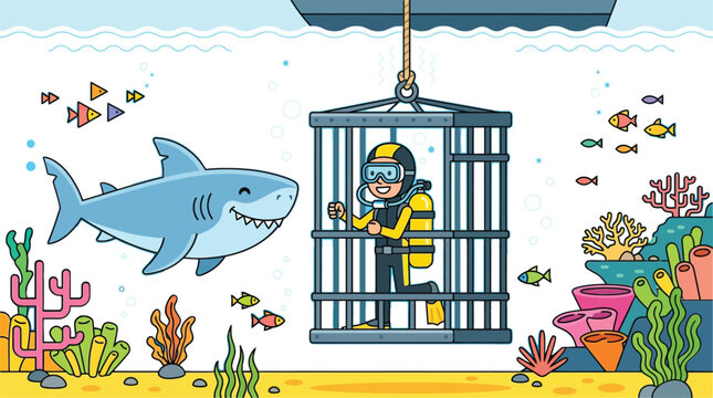 Thrilling underwater exploration concept where a cheerful scuba diver in a protective cage safely encounters a curious shark amidst a vibrant coral reef, showcasing marine adventure and ocean life