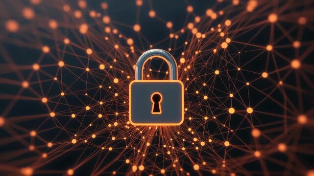 A padlock amid glowing network nodes in digital style on dark backdrop, symbolizing cybersecurity concept