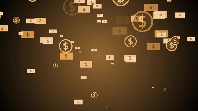 Dark background with scattered rectangular banknote icons and circular dollar symbols animation