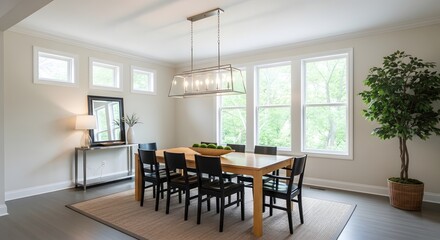 Fototapeta premium Bright modern dining room with wooden table and chandelier