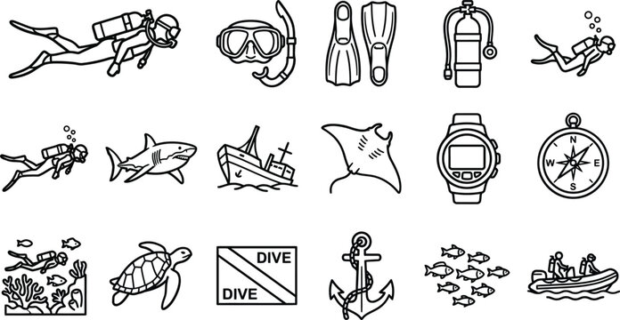Extensive collection of scuba diving and underwater adventure vector icons, featuring divers, marine life, essential gear, shipwrecks, and oceanic exploration