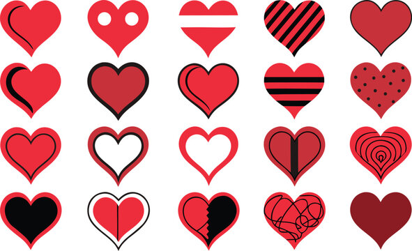 Collection of various red heart shapes and symbols
