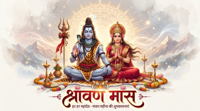 Divine Shiva and Parvati blessing devotees during Shravan Maas spiritual festival celebration artwork