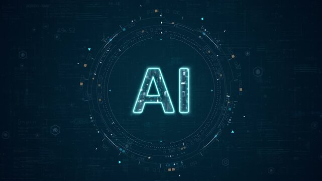 Motion graphic of artificial intelligence with ai technology and machine learning text on a futuristic interface, designed for corporate technology promotion.