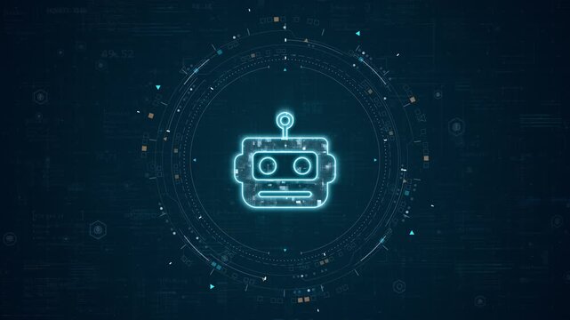Motion graphic of chatbot technology with robot assistant and digital assistant icon on a futuristic interface, designed for business automation promotion.