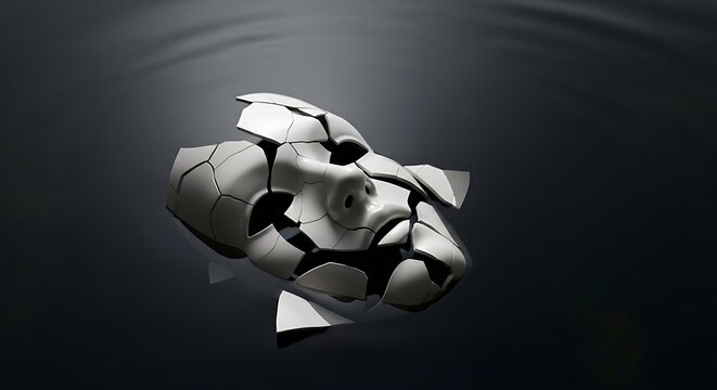 A fragmented white mask floats on dark, rippling water, its shattered pieces evoking themes of identity loss, brokenness, and existential dread in a surreal and thought-provoking composition.